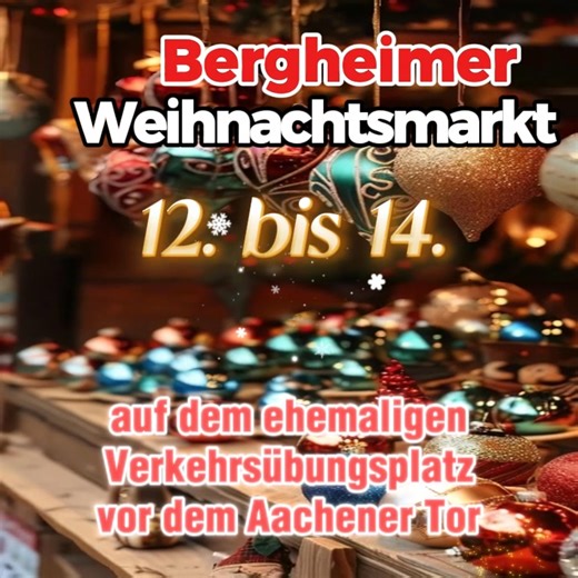 Bergheimer Weihnachtsmarkt Vom 12. bis 14. Dezember 2025 findet auf dem ehemaligen Verkehrsübungsplatz in Bergheim vor dem Aachener Tor der Bergheimer Weihnachtsmarkt statt. In stilechten Holzhütten und an Ständen werden weihnachtliche Waren in gemütlicher und familiärer Umgebung angeboten. Ein Bühnenprogramm, sowie viele Spezialitäten für das leibliche Wohl runden den Weihnachtsmarkt ab. Wir freuen uns auf Euch. Sie möchten auch weihnachtliche Waren auf dem Bergheimer Weihnachtsmarkt verkaufen?