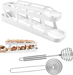Egg Organizer Dispenser Holder For Refrigerator, Automatically Rolling Egg Storage Container, 2 Tier Rolling Egg Dispenser with Stainless Steel Eggbeater and Egg White Separator (1pcs)