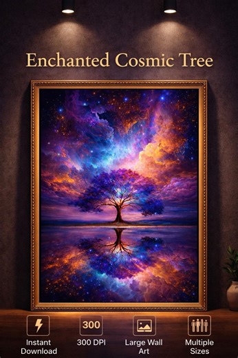 Enchanted Cosmic Tree Wall Art, Fantasy Galaxy Tree Poster, Large Printable Wall Art, Colorful Sky Artwork, Digital Download - Etsy