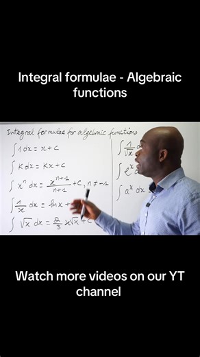 Topics: Integral calculs. Here’s some formulae for algebraic functions Watch more videos on our YouTube channel https://youtu.be/NOjuHcpPv9M?si=c4mIBSISoywLTFhU #math #stem #professional #student #learnontiktok