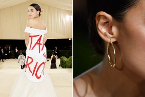 AOC wore FREE $450 gold hoops along with her 'Tax the Rich' Met Gala dress