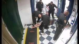 This video, which shows Hamilton County Sgt. Jesse Franklin kicking a restrained inmate in the head on June 9, led to Franklin's arrest this afternoon. MORE: https://bit.ly/3dYgYsp | WCPO 9