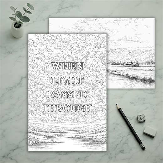Printable Adult Coloring Book — Fine Line Cloudscape Nature Pages, Minimalist Landscape Coloring Companion, Digital Download
