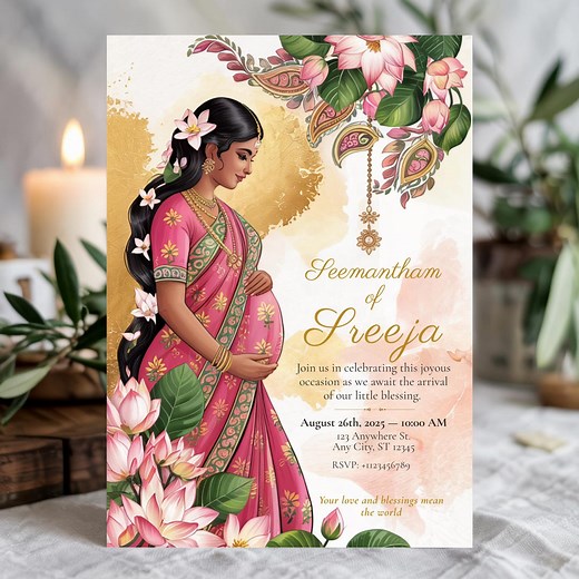 Seemantham Invitation Template: Luxury Lotus Baby Shower Card, Editable Canva (instant Digital Download) - Etsy