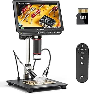 Elikliv 4K Digital Microscope - 8" Coin Microscope, 2000x Magnification, HDMI, Soldering & Electronics Repair, 10" Stand, 64G