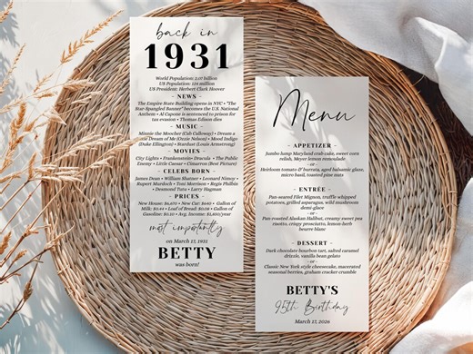 Editable 95th Birthday Menu Template Back in 1931 Trivia Card Printable Corjl 4x9 - Etsy