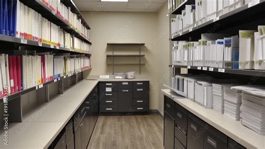 Organized Office Archives: A well-organized office archive featuring neatly arranged file folders and documents, showcasing efficient record-keeping and information storage.