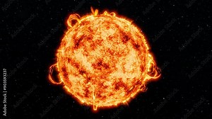 Animation depicting the rotation of the Sun, with solar flares and solar wind. Universe science astronomy.