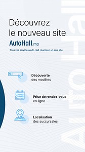 Auto Hall accélère sa transformation digitale.​ Avec notre nouvelle plateforme AutoHall.ma et l’application MyAutoHall, nous réinventons votre parcours client : plus simple, plus fluide et entièrement connecté.​ Réservez un essai, suivez votre véhicule, accédez à vos informations en temps réel… une nouvelle expérience pensée pour vous, partout et à tout moment.​ Auto Hall, l’expérience client réinventée ! | Auto Hall