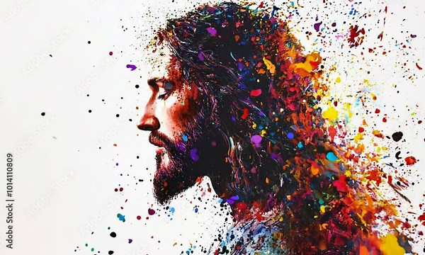 Abstract portrait of Jesus Christ face wearing crown of thorns original art, easter and good friday