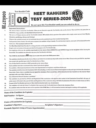 NEET Rankers Test Series 2026 | PW Test Booklet Code 8 Full Instructions & Guidelines