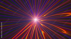 White light shining at the end of multicolored tunnel, making playing of different colors rays at striped walls. Abstract motion, vibration of linear spectrum fractal streams. 4K UHD 4096x2304