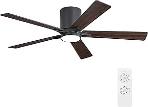 WINGBO 48" DC Flush Mount Ceiling Fan with Lights, 6-Speed Reversible DC Motor, 3CCT, Low Profile Hugger Ceiling Fan for Living Room Bedroom Kitchen, Black Finish and Black/Walnut Blades