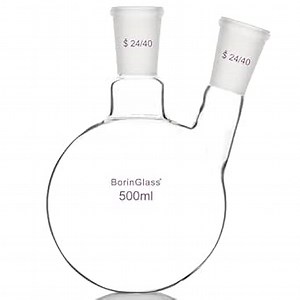 BorinGlass Two Necks Round Bottom Flask RBF, Glass 2-Neck Boiling Flask with 24/40 Standard Taper Outer Joint, 500 ml