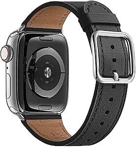 MNBVCXZ Leather Bands Compatible with Apple Watch Band Women, Womens Genuine Replacement Strap for iWatch Series 11 10 9 8 7 6 5 4 3 2 1 SE 3 SE 2 SE (42mm 41mm 40mm 38mm, Black/Silver)