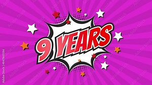 9th ninth anniversary - 9 nine years birthday. Animated text on pop colorful background with rotating rays.