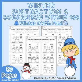 Winter Subtraction & Comparison within 100 | Snowflakes & Snowman Math 2nd Grade