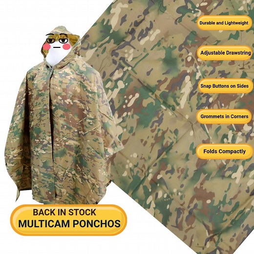 Multicam ponchos are back in stock! Waterproof, durable, lightweight. Folds compactly to fit into its own pouch. Adjustable drawstring and quarter zip on hood, snap buttons on both sides, AND corner grommets to convert it into a shelter or sleeping bag. Sorry, this item does NOT wash your dishes... #mcguirearmynavy | McGuire Army Navy | Facebook