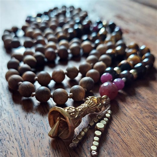 Tibetan Buddhist Genuine Ruby Mala With Sandalwood & Brass Bell, Tiger's Eye Japamala Gift, Wood Buddhist Mala Beads, Bell Mala Necklace - Etsy