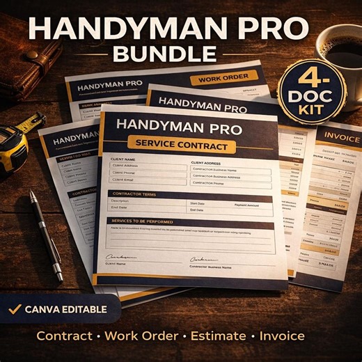 Handyman Business Bundle Editable Canva Templates Contractor Forms PDF Service Contract Work Order Invoice Estimate Instant Download - Etsy