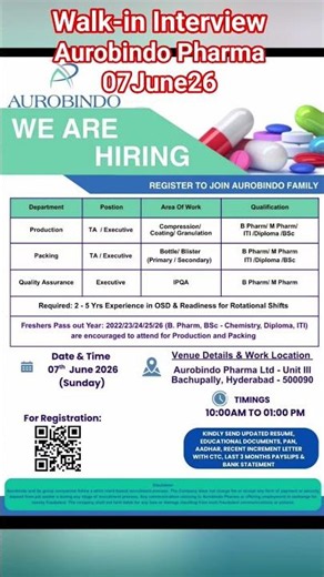 Walk-in Interview I Aurobindo Pharma I 070626 #job #pharma