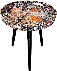 Simmer Stone Round Indoor Side Tables with Detachable Wooden 3 Legs, Versatile Tray Table, Perfect for Coffee, Tea, and Relaxation Time - 17.7 Inch (Indian Style)