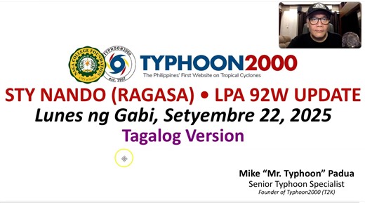 Super Bagyong NANDO (RAGASA) • LPA 92W Update - Lunes ng Gabi, 09/22/25 (Tagalog Ver) Super Typhoon Nando (Ragasa) has begun to move away from the country and is forecast to move out of the Philippine Area of Responsibility (PAR) on Tuesday morning, Sept 23. Meanwhile, another LPA is forecast to move towards Visayas-Bicol Area on Thursday and Friday and could bring rainfall across our area. To find out more, please watch our special update recorded at 7:00 PM Manila Time (11:00 GMT) Sunday, Sept