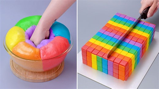 Colorful slime press and rainbow cube cake