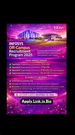 NextGenCareersHub01 | Infosys OffCampus Recruitment Program 2025 Last Date To Apply: December 25, 2025 Apply Link In Bio | Instagram