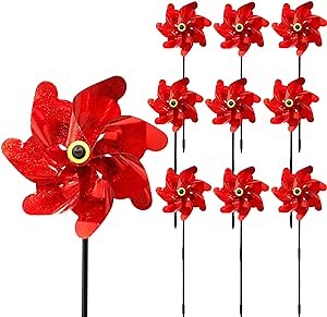 10PCS Red Pinwheels Outdoor Wind Spinners Garden Pinwheel Reflective Pin Wheel Windmills Sparkly Scare Birds Animal Away Spinner Christmas Yards Garden Decor