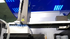 Automated analysis machine used at laboratory. Human samples analyzer studies biomaterial. Modern blood and dna test laboratory equipment. Medical analysis device. Medical Equipment for Genetics