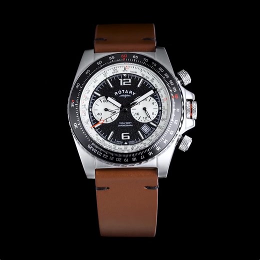 The Rotary Aeromaster Pilot Watch is a versatile and functional timepiece designed for comfort and practicality. Featuring a 41mm stainless steel case with a thickness of 11.6mm and a brown leather strap with a 20mm lug width. The black and vintage white dial featuring applied , paired with silver luminova sword hands, ensures clear readability, while the bi-directional slide-rule bezel allows for complex calculations. | Rotary Watches | Facebook