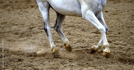 Super slow motion close up of purebred white horse legs during running exercises for competition of horse racing on a riding hall with flying grains of land at 1000 fps.