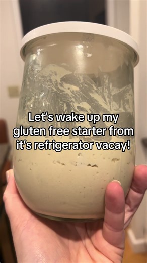 After a little refrigerator vacation, it’s time to wake my gluten free sourdough starter back up. All she needs is some time at room temperature and a fresh feeding of brown rice flour and filtered water. Within a few hours she’ll be bubbly, active, and ready to bake with again. If your starter has been in the fridge, don’t panic — starters are incredibly resilient. A good feeding usually brings them right back to life. #glutenfreestarter #glutenfreesourdough