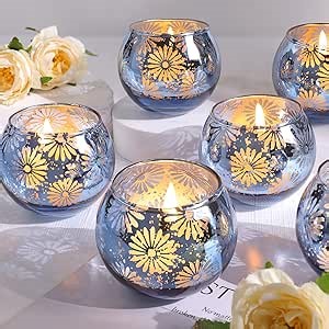 Blue Mercury Glass Votive Candle Holders Set of 12, Round Tealight Candle Holders Bulk for Table Centerpieces, Weddings, Shower Gifts, Party Decorations