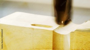 Woodworking and furniture manufacturing.technological process.cnc router processes wood detail with cutter.close-up.shallow depth of field.