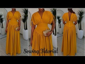 How To Cut And Sew A Dress With Shoulder Drawstring And Basque Waistline || Ruched Shoulder Dress