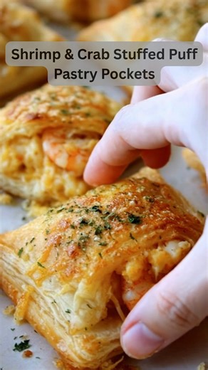 Shrimp & Crab Stuffed Puff Pastry Pockets If you love flaky, cheesy, golden pastry… wait until you see what’s hiding inside THESE pockets. Ingredients 1 sheet puff pastry, thawed 1 cup cooked shrimp, chopped 1 cup lump crab meat 1 cup shredded cheddar cheese 3 tbsp cream cheese, softened 1 tbsp mayonnaise 2 cloves garlic, minced 1 tbsp fresh parsley, chopped ½ tsp paprika ½ tsp onion powder Salt & pepper to taste 1 egg (for egg wash) Grated parmesan (optional, for topping) How to Make It Preheat