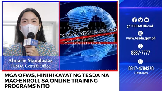 11K views · 572 reactions | PANOORIN: Hinihikayat ng Technical Education and Skills Development Authority ang mga Overseas Filipino Workers (OFWs) na mag-avail ng online training programs nito na accessible sa TESDA Online Program. Narito ang ulat ni Almarie Manalastas mula sa TESDA Central Office. #TESDAAbotLahat | TESDA | Facebook