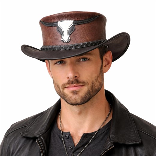 Cowboy Leather Hat Western Bull Skull Band Rustic Ranch Style Mens Fashion - Etsy