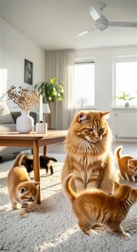 A Playful Family of Norwegian Forest Cats in the Sunlight