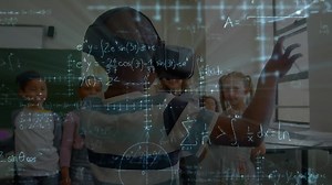 Animation of mathematical formulas over schoolboy using vr headset | Premium Stock Video Footage