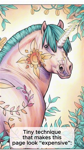 Tiny technique that makes this page look “expensive”: Shade the unicorn’s neck with two light layers (peach → lilac). Then add ONE bright pop (that teal mane). Do you love blending or bold blocks more? Comment BLEND or BOLD. | Adult Coloring Books By Cindy Elsharouni