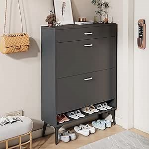 Wekity Shoe Storage Cabinet, Slim Shoe Cabinet with 2 Triple-Layer Flip Drawers & 1 Slide Drawer, Hold 20 Pair Shoes, Wood Free Standing Shoe Cabinet for Entryway Hallway, 9X31X43 Inch (Grey)