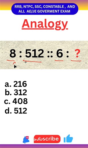 🔥 Analogy Reasoning Trick | 8 : 512 :: 6 : ? | SSC CGL | RRB NTPC | AE/JE | HMSclasses #shorts