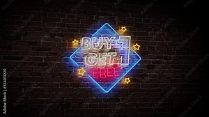 3D Rendering Buy One Get One Free Neon Sign with a Brick Wall Background