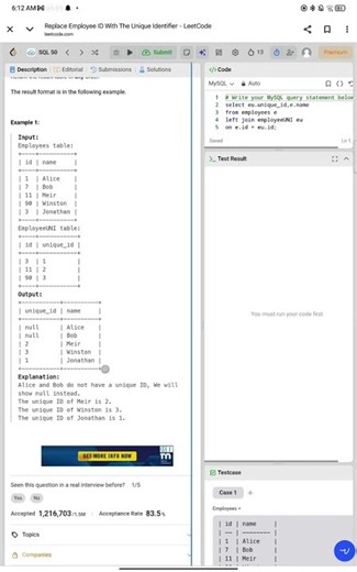 LeetCode Top 50 SQL | Question 6 | 1378 Replace Employee ID With The Unique Identifier