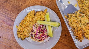 Serve up these crispy fillets (coated in salt & vinegar chips!!) with giant deli pickle spears and slaw! FULL RECIPE: https://rach.tv/2FlwGj1 | Rachael Ray Show