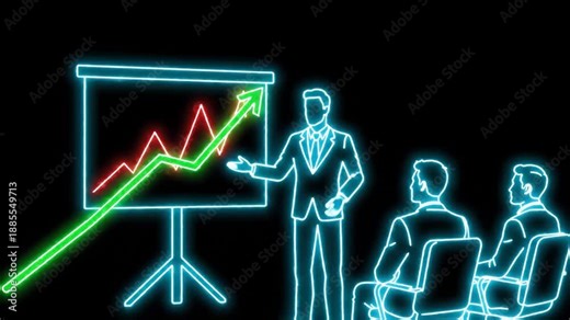 Neon business presentation showing growth with rising graph and attentive audience.