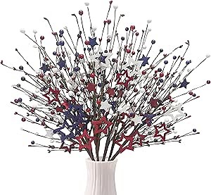 8 Pcs 4th of July Decoration, Patriotic Picks with Red White Blue Stars Flowers Spray Patriotic Artificial Berry Stems for Independence Day Decorations Memorial Day Centerpieces